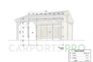 Dubbele houten carport met berging Anika, 7.6x5.6, 42.50m²