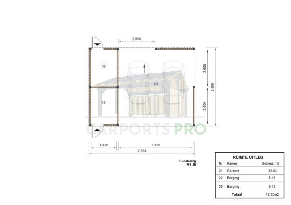 Dubbele houten carport met berging Anika, 7.6x5.6, 42.50m²