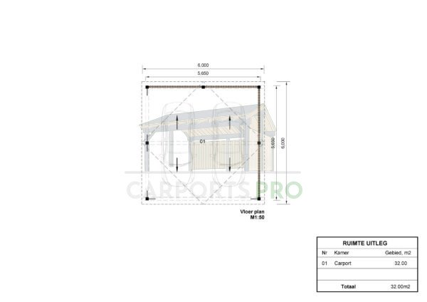 Dubbele houten carport Olivia SR, 6x6, 36m²