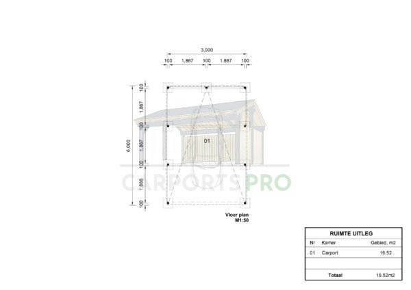 Stalen Carport Amelia VS, 3x6, 18m²